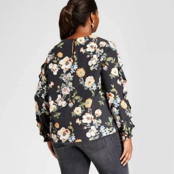 Ava & Viv top X 14W floral print ruffle long sleeve keyhole closure feminine - Picture 13 of 14
